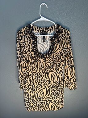 Black & Beige Animal Print Beaded Scoop Neck Blouse